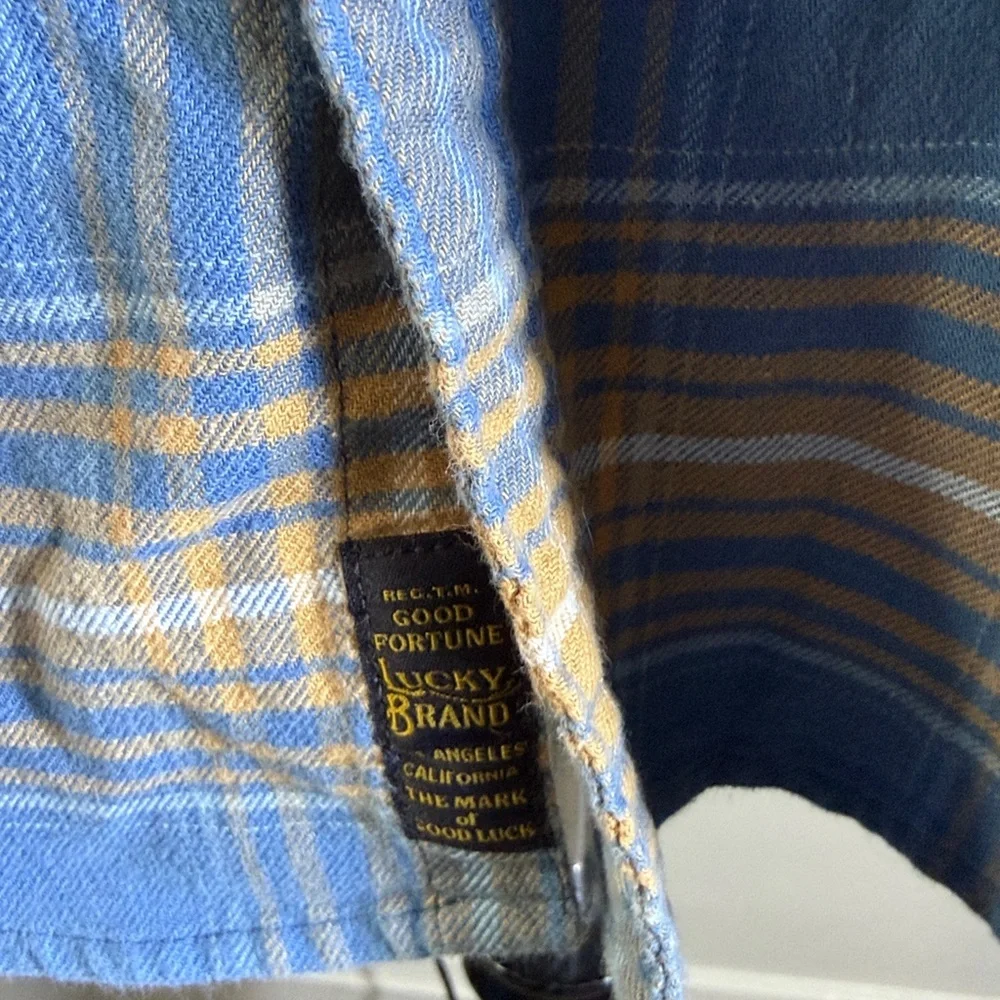 Lucky Brand Santa Fe Western Flannel Shirt Blue Gold White Plaid Snap Closure L